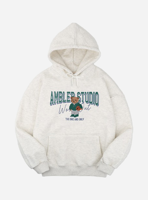 Ambler Basketball Bear Unisex Overfit Brushed Hooded Sweatshirt AHP904 (Oatmeal)