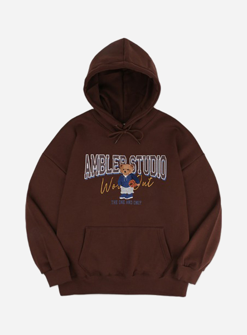 Ambler Basketball Bear Unisex Overfit Brushed Hooded Sweatshirt AHP904 (Brown)