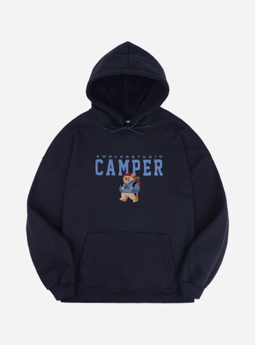 Ambler Camper Bear Unisex Overfit Brushed Hooded Sweatshirt AHP903 (Navy)