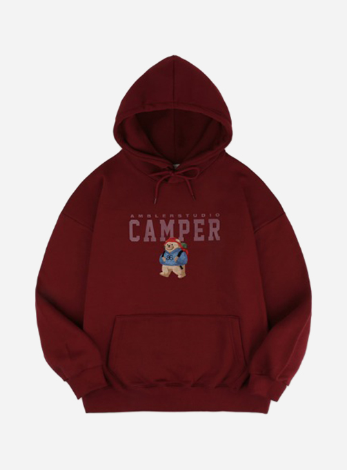 Ambler Camper Bear Unisex Overfit Brushed Hooded Sweatshirt AHP903 (Burgundy)