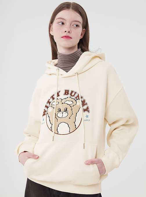 WITTY BUNNY BOUCLE WORDING HOODIE [IVORY]