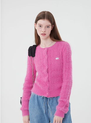 SMALL CHERRY MOHAIR CABLE CARDIGAN [PINK]