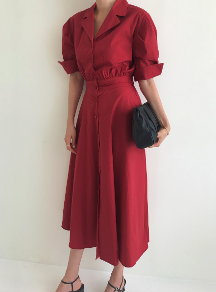Naive Silhouette Vivienne Cabra Flare Short Sleeve Shirt Dress Red